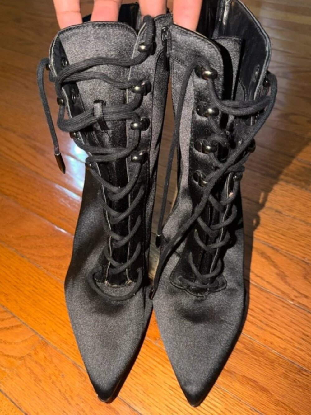 Vintage Forever21 Black Satin Lace-used pointed-toe stiletto Booties